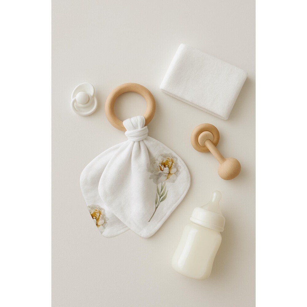 Organic & Natural Baby Teether With Wooden Ring | August Rose Birth Month Flower